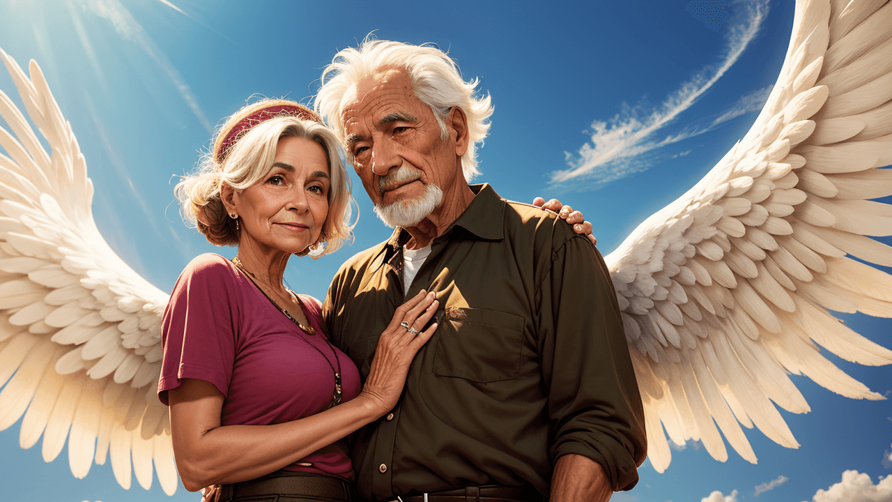 AI generated: old peasant couple in heaven, (angels) ((sky)) (poor) ((old)) colombian
