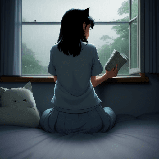 AI generated: Healing comics, the back view of a girl, in the bedroom, reading a book on the sofa, it is raining o...