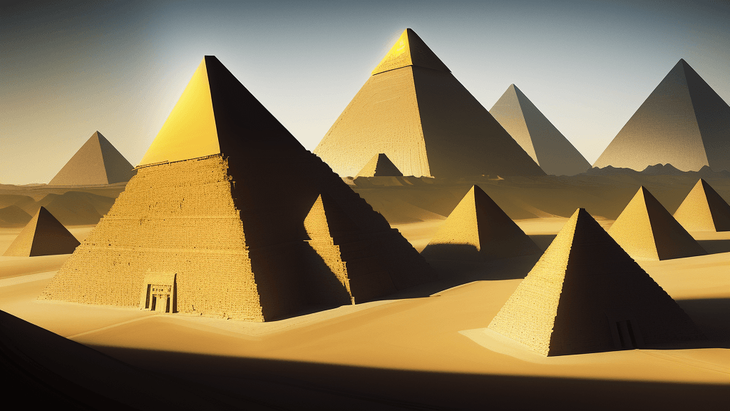 AI generated: A landscape of futuristic pyramids, depicted in a photographic realism style, Hyperrealism, vibrant ...