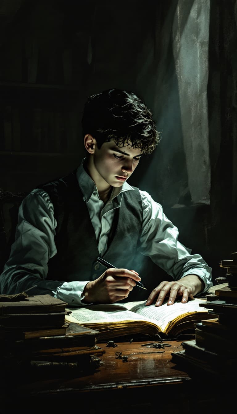 AI generated: An image in a Victorian Penny Dreadful comic style of a young American boy poring over anatomy books...