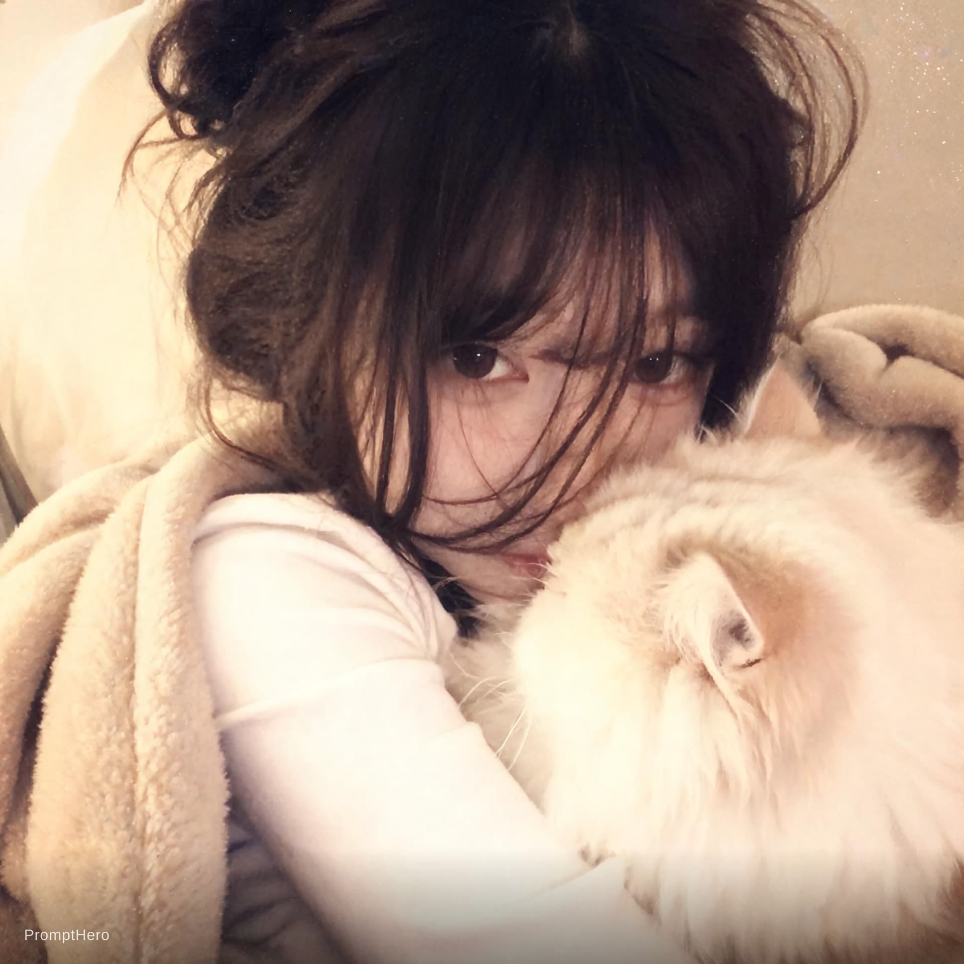 AI generated: Vintage melancholic vibe, phone camera style, super low resolution, close-up face shot, warm Japanes...