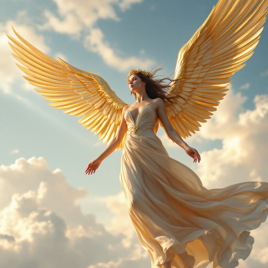 AI generated: A young lady with large, outstretched angel wings floating in the wind, full-bodied and dressed in g...