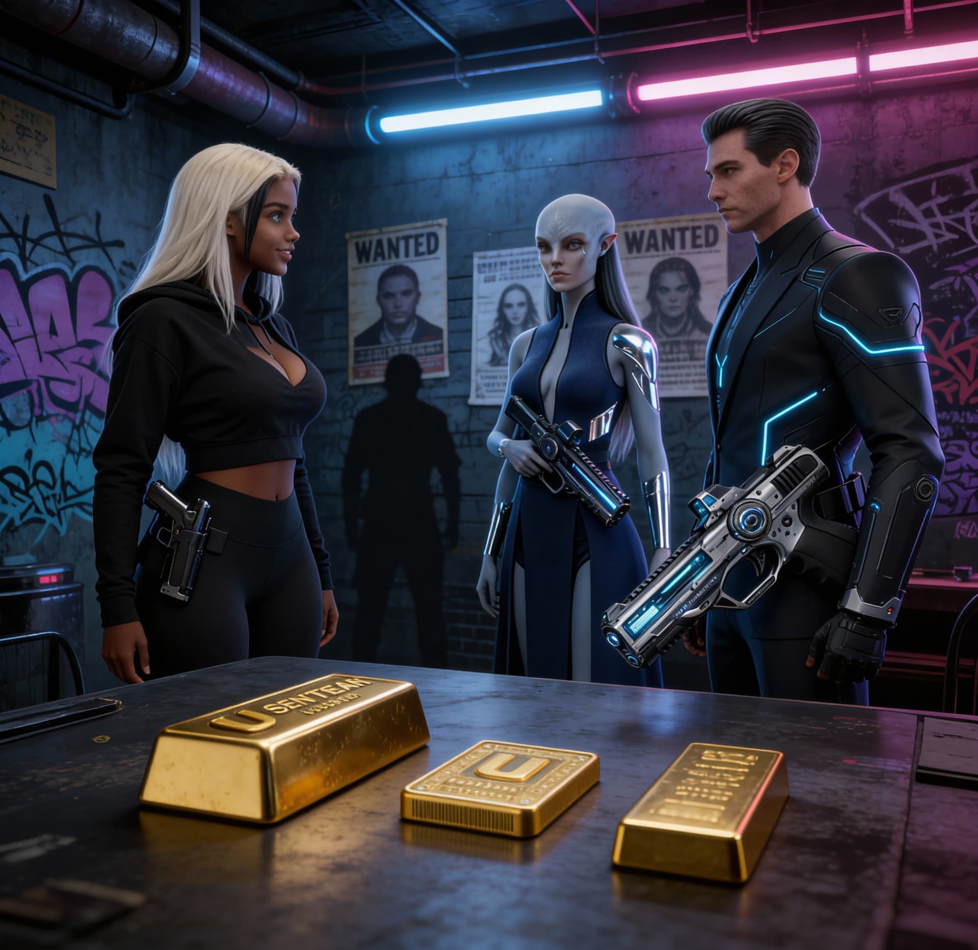 AI generated: Be inspired and create from the reference images, a Sci-Fi view of a futuristic underworld. Use the ...