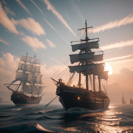 AI generated: "Photo of a realistic sailing ship, dramatic light, pale sunrise, cinematic lighting, battered, low ...