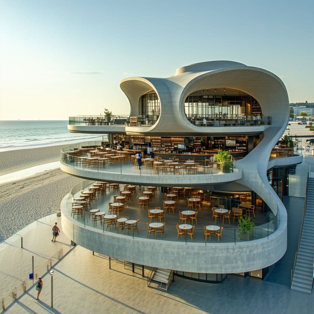AI generated: Bird's eye View of a  modern Cafe comes restaurant with 3 - built structures with Paris's architectu...