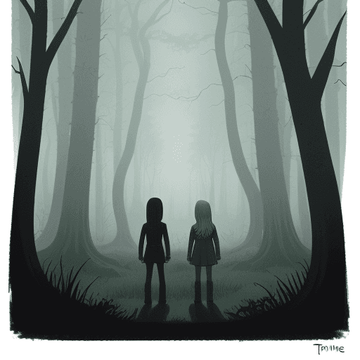 AI generated: 1970’s dark fantasy art. fin and jake from adventure time walming tbrough misty woods
