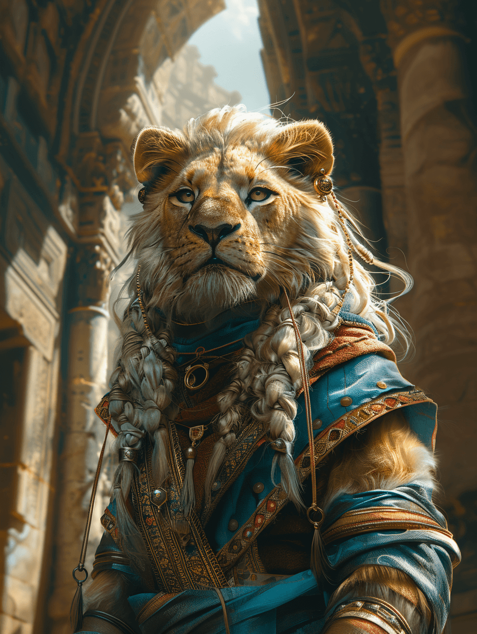 AI generated: DnD character card, Lion-girl healer in temple of light, epic fantasy art, vibrant colors —s 1000 —a...