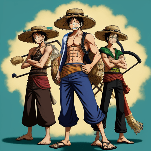 AI generated: Luffy, gear five, one piece theme, uhd image, With Straw Hat With His crew Members Standing beside H...
