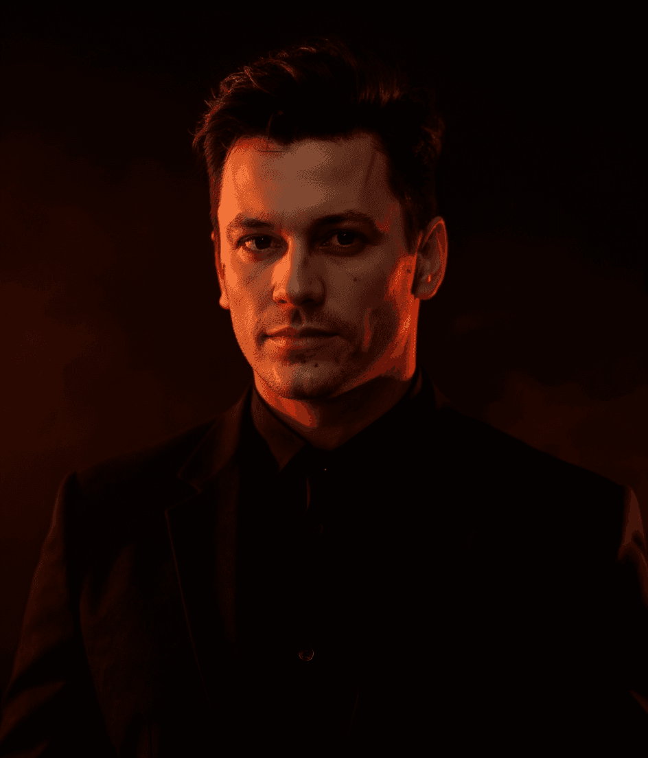 AI generated: shadowed model against a background that shifts from deep black to vibrant red, key lighting, soft d...