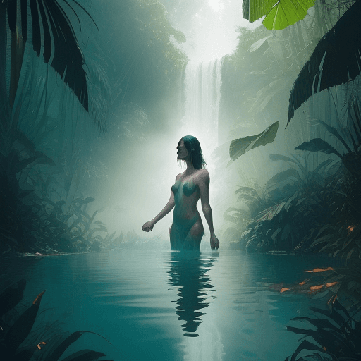 AI generated: visual stunning photo of a woman swimming in a lake by a waterfall in the jungle, mist, volumetric l...