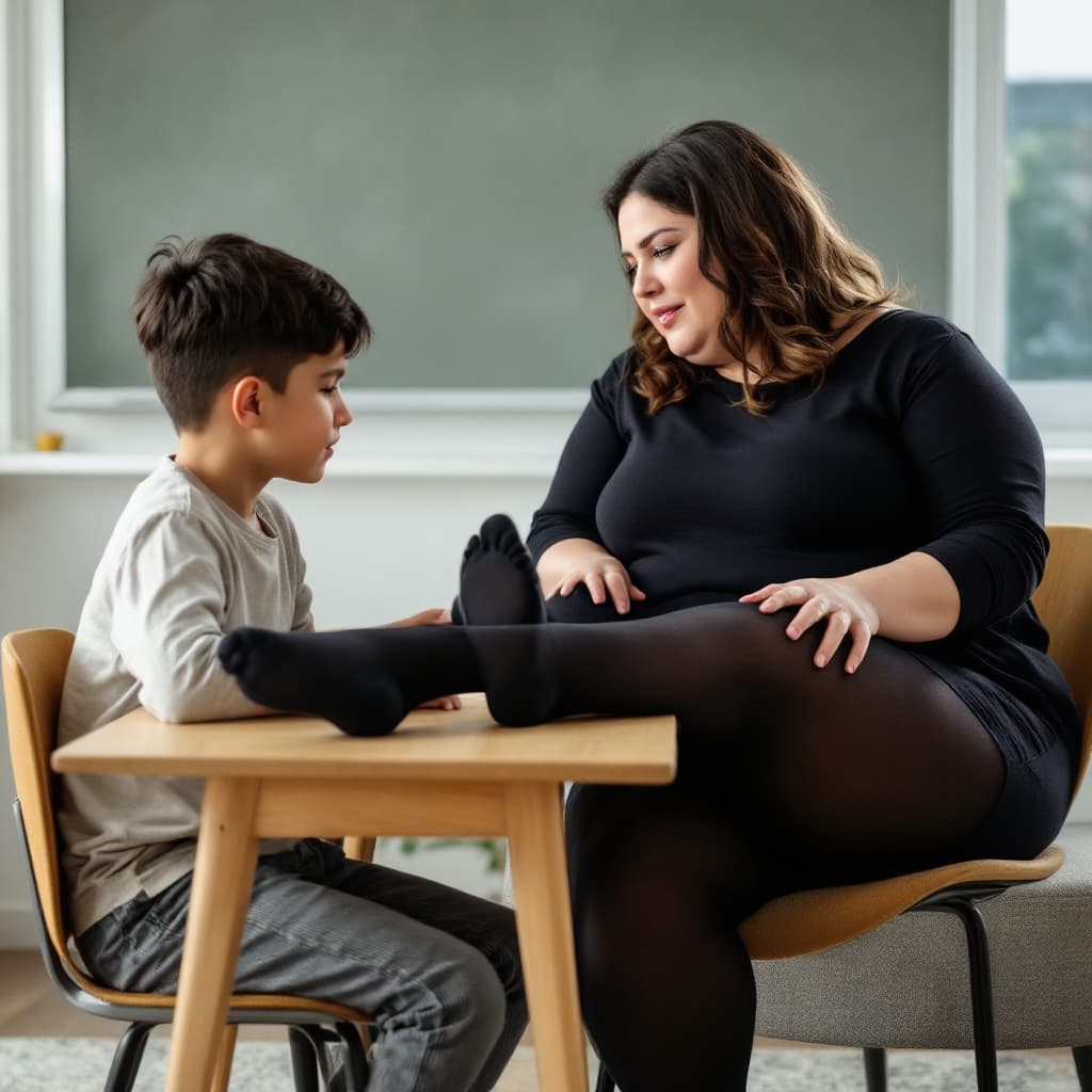 AI generated: 45 years old plus sized hourglass figured female teacher wearing black pantyhose placed her feet on ...
