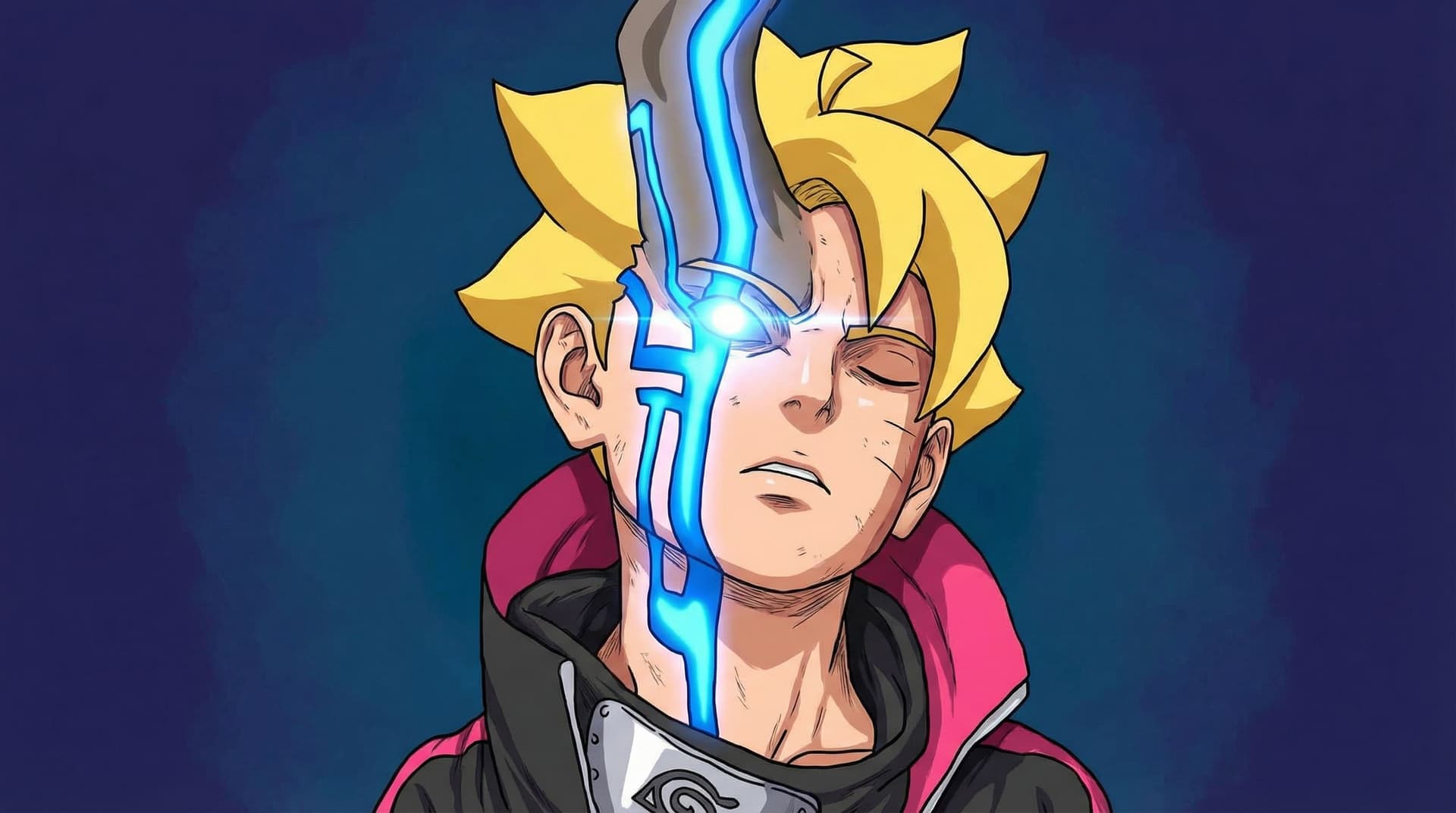 AI generated: boruto, 1boy, right horn, face right line blue light, anime, body details, skin details, left eye cl...