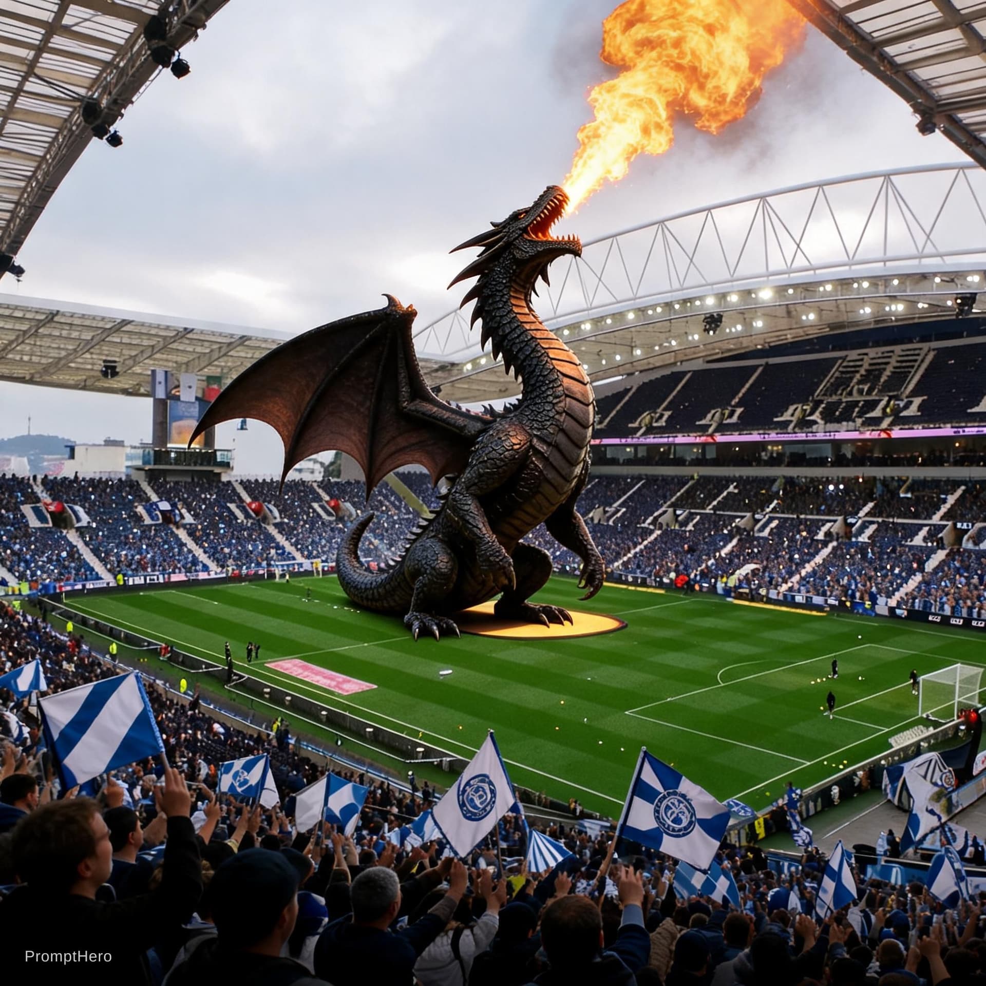 AI generated: A majestic dragon figure stands in the center of the field.
The dragon is breathing fire from its mo...