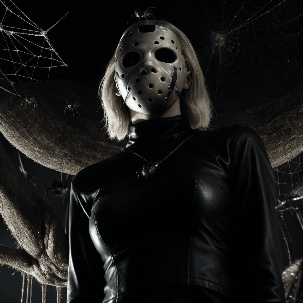 AI generated: low angle photo, looking down at you with disrespect, wearing jason voorhees mask, sasha luss (surro...