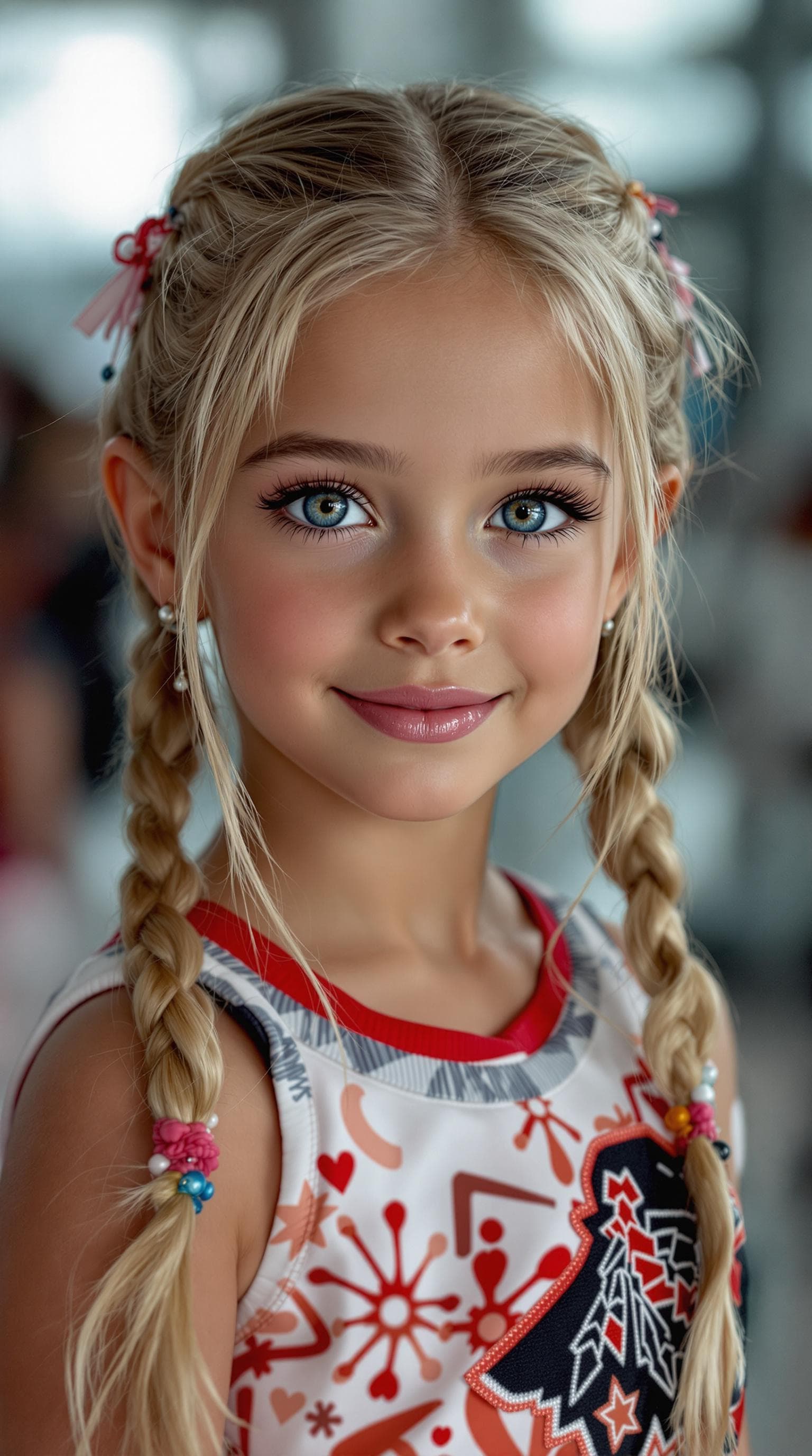 AI generated: a professional photo of a exceptionally beautiful girl in the world (age 7), (seven year old) cheer ...