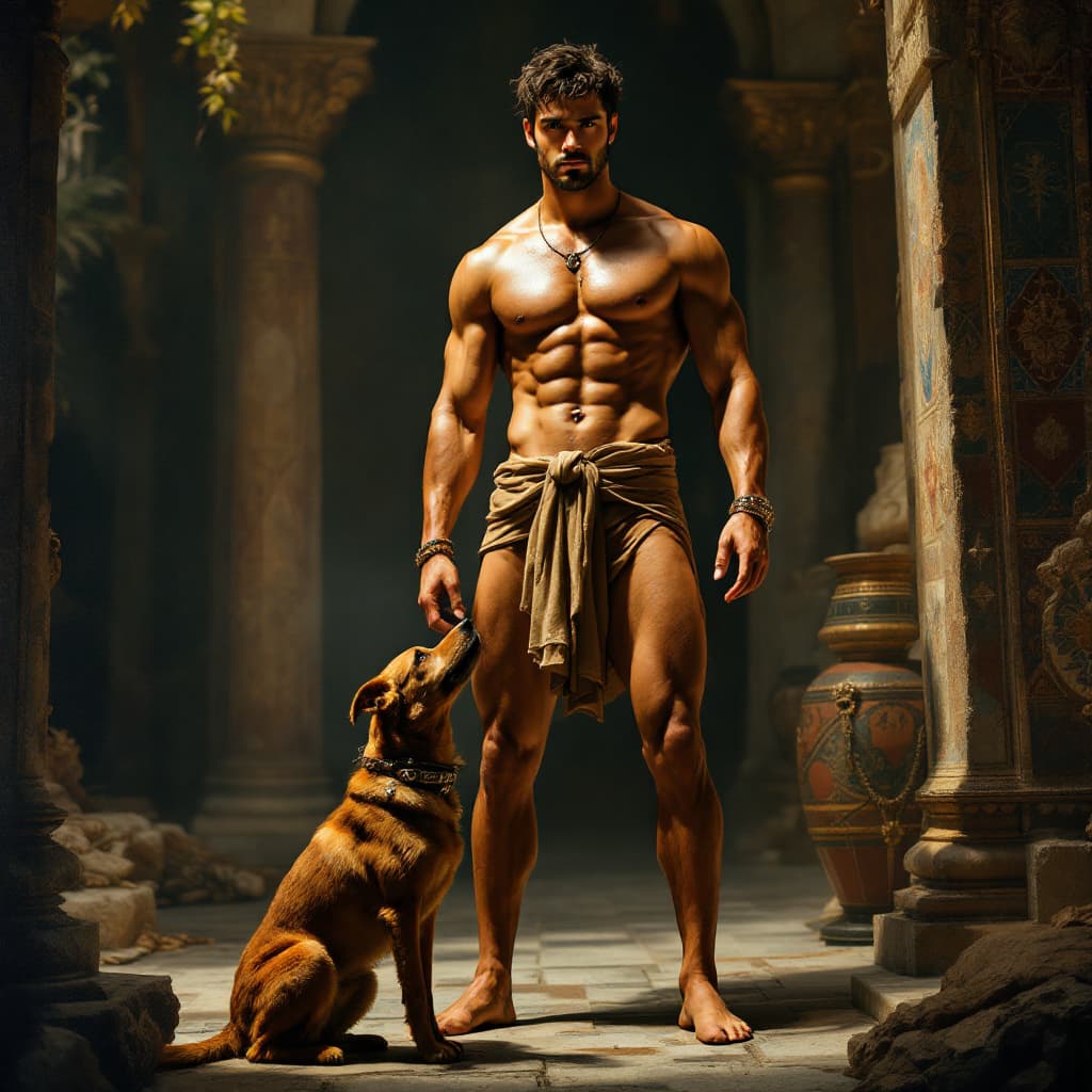 AI generated: Ultra-Wide Angle - Pull the camera very far back from subject, ANCIENT ROME, he has long legs, muscu...