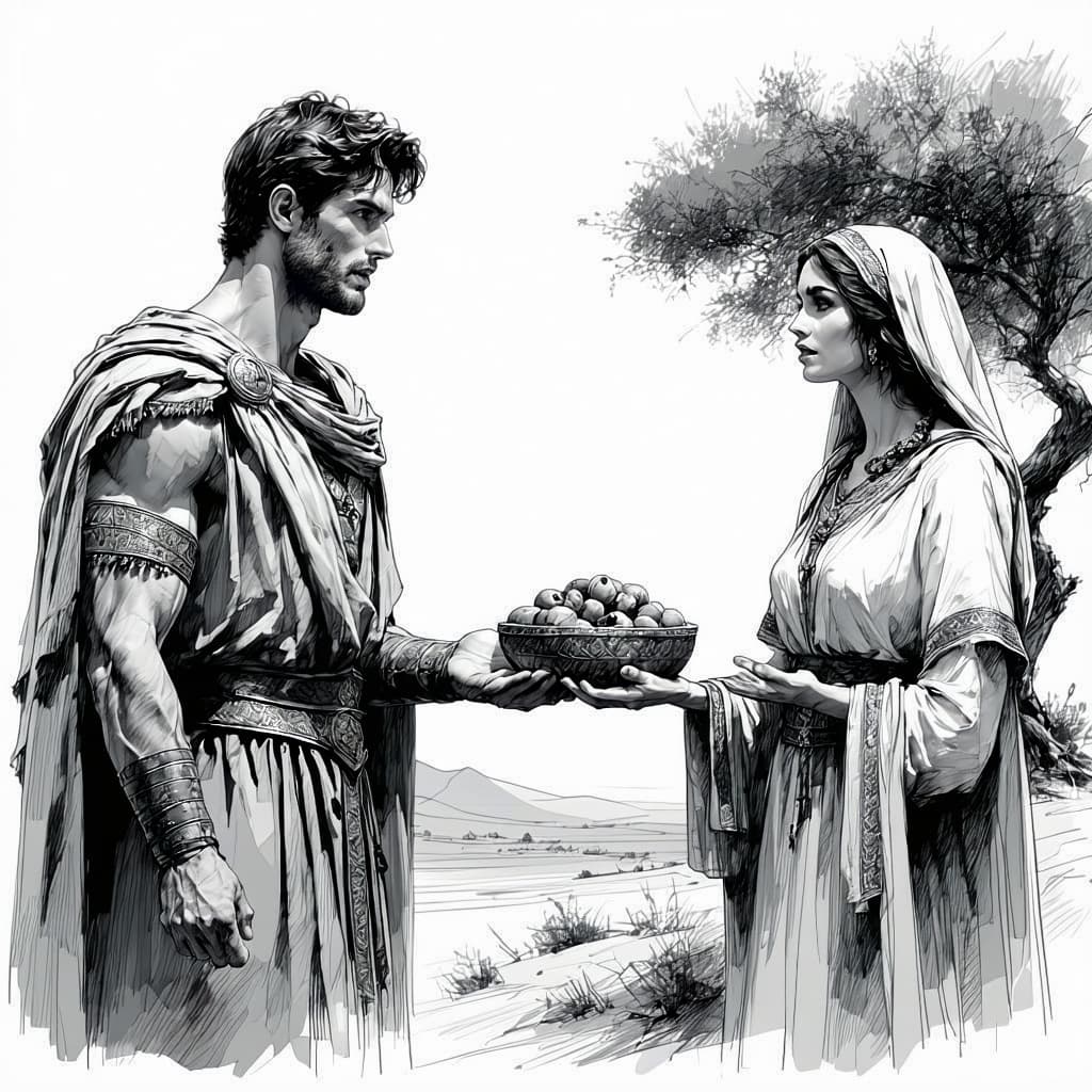 AI generated: Create a black and white illustration depicting the following scene: David, a strong and noble figur...