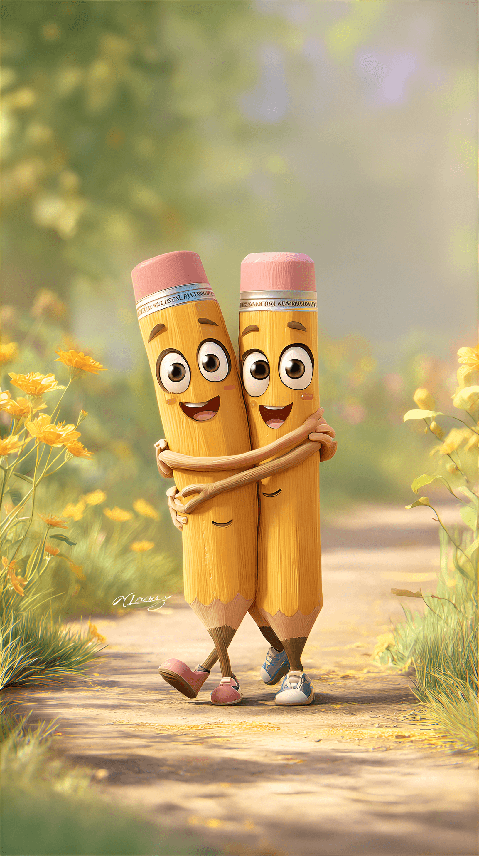 AI generated: Two anthropomorphic pencils are the central subjects, rendered in a cheerful, cartoonish style. The ...