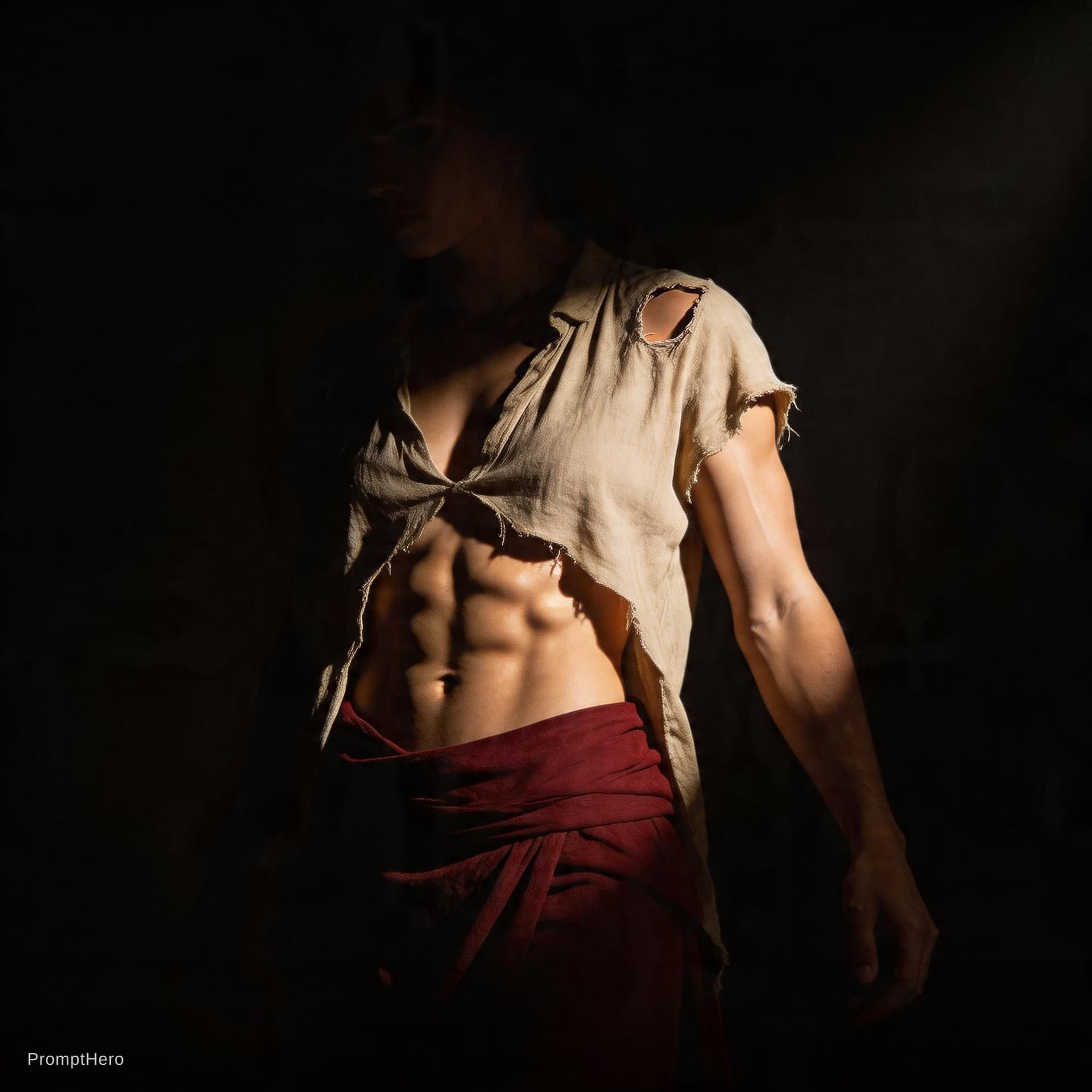AI generated: Tenebristic photography with dramatic light contrast of a muscular female figure emerging from darkn...