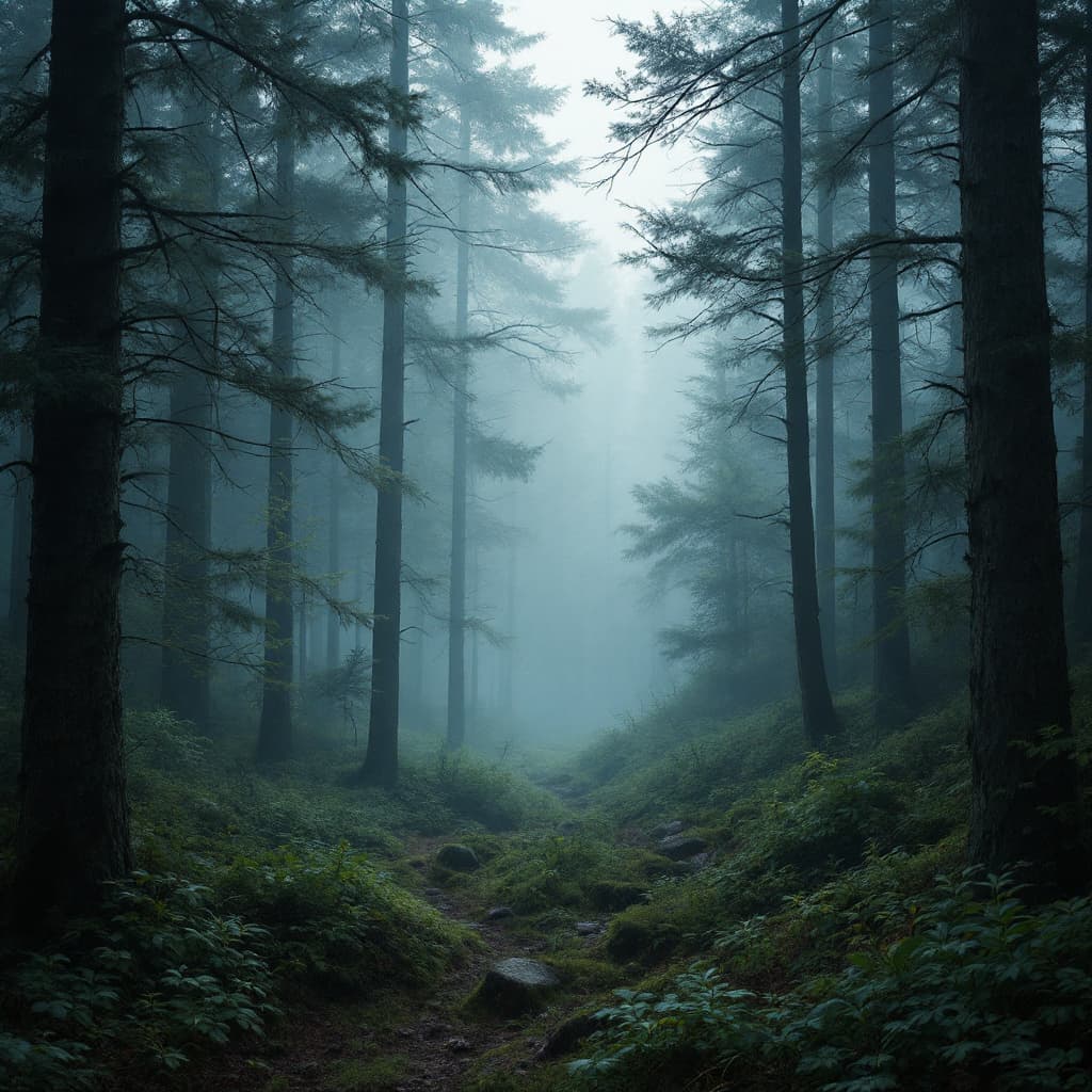 AI generated: a deep forest with fog, cinematic, well detailes