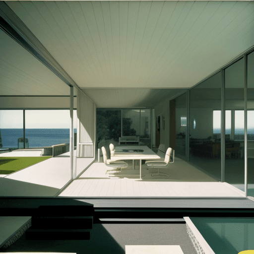 AI generated: Hyper realistic eye level exterior photo of a mid century modern style house overlooking the ocean, ...