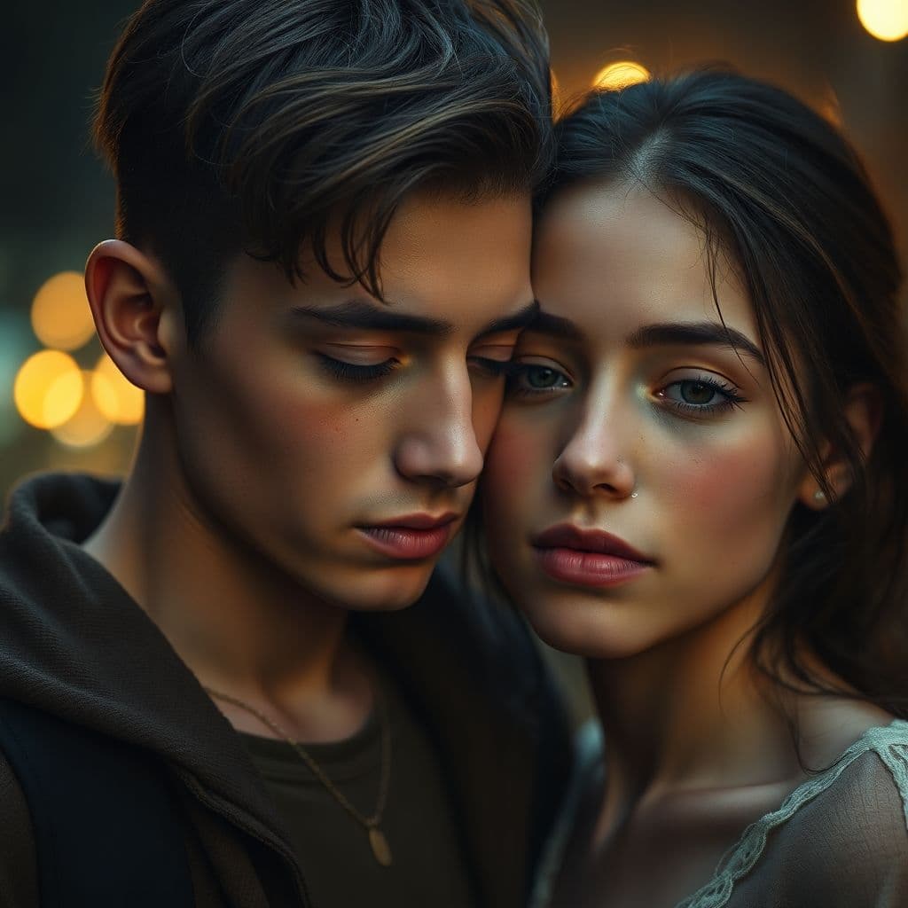 AI generated: a photorealistic portrait of two young people standing close together, one resting their head on the...