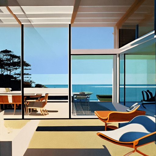 AI generated: Hyper realistic eye level exterior photo of a mid century modern style house overlooking the ocean, ...