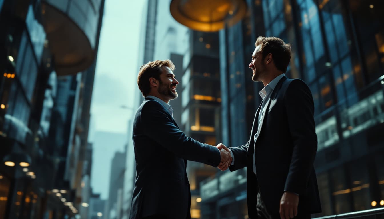 AI generated: 
Dramatic scene of two clients celebrating success, two people shaking hands, commercial building sc...