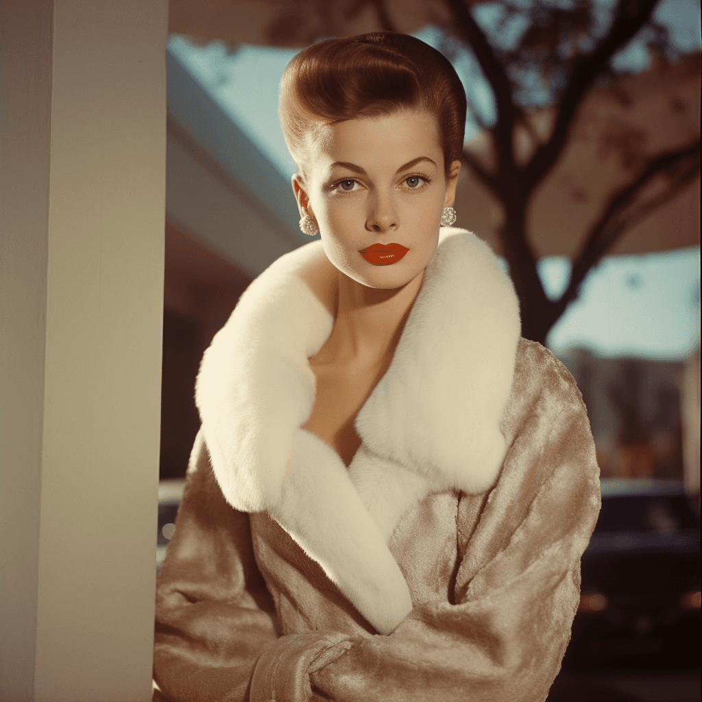 AI generated: high fashion, vogue , 1957, ray tracing, perfect yes, Kodak portra 800, f1. 8, golden hour
