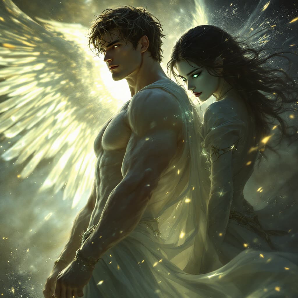 AI generated: In a moment of betrayal, the adult hero, a celestial being with a strong and radiant body, stands wi...