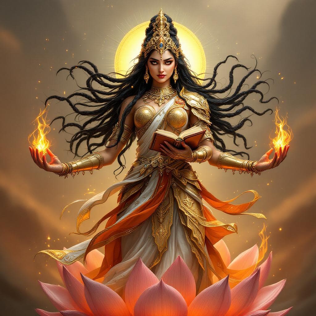 AI generated: an ultra-realistic, full-body portrait of a captivating Devi saraswati with 4 hands wach carrying lo...