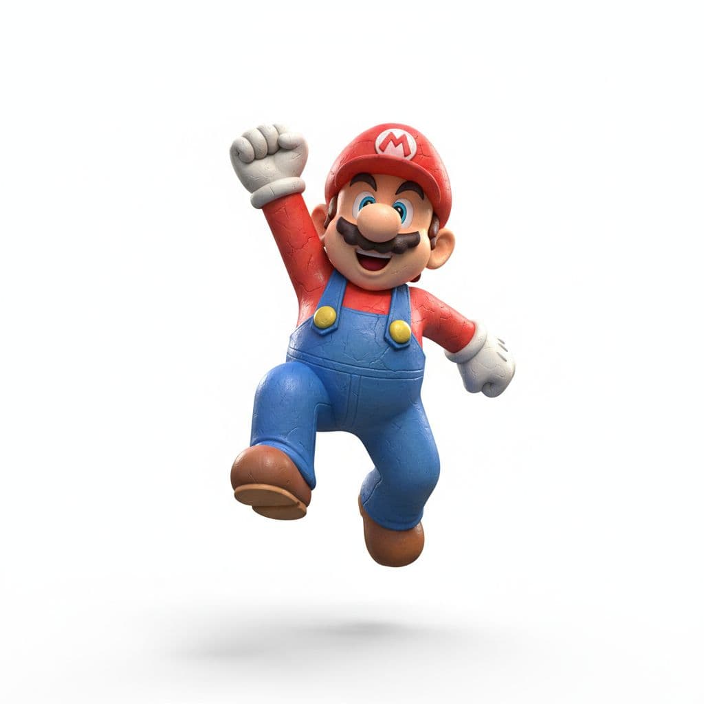 AI generated: Trendy toy, clay texture, jumping Super Mario, raised fist, clean light background, bright scene, in...