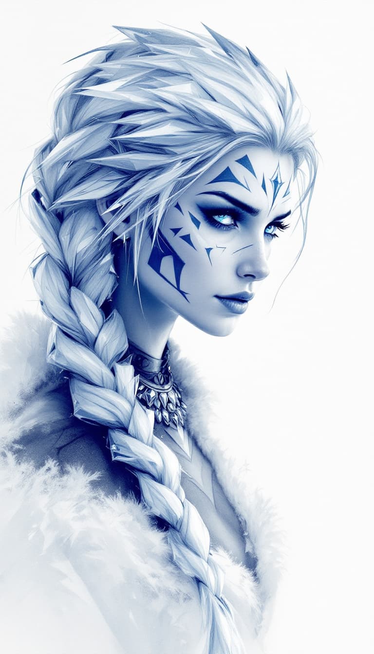 AI generated: A highly detailed drawing of a tribal ice warrior woman with a single, frozen braid, wearing geometr...
