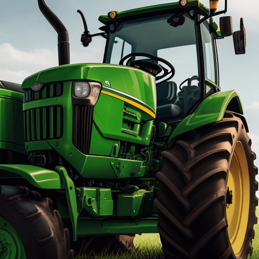 AI generated: create an image of the front of a John Deere tractor with a tractor driver working, realistic image,...