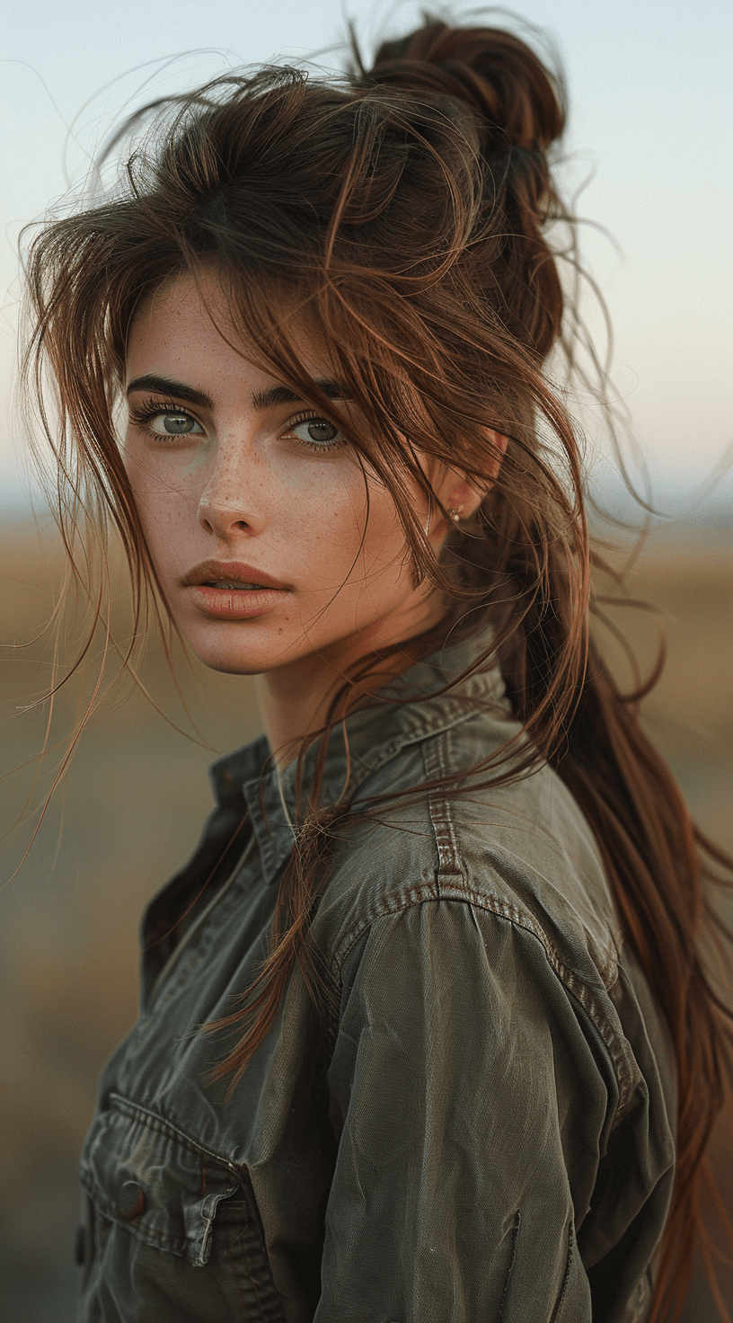 AI generated: fashion magazine cover photo of a beautiful woman with long brown hair in a messy ponytail, in the s...