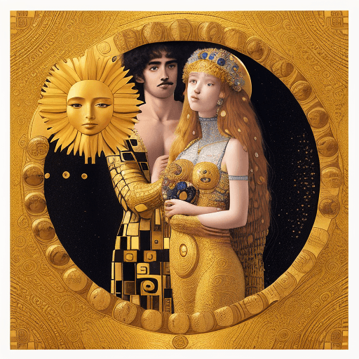 AI generated: the sun represented by a man and the moon represented by a female  inspired by Gustav Klimt,  high r...