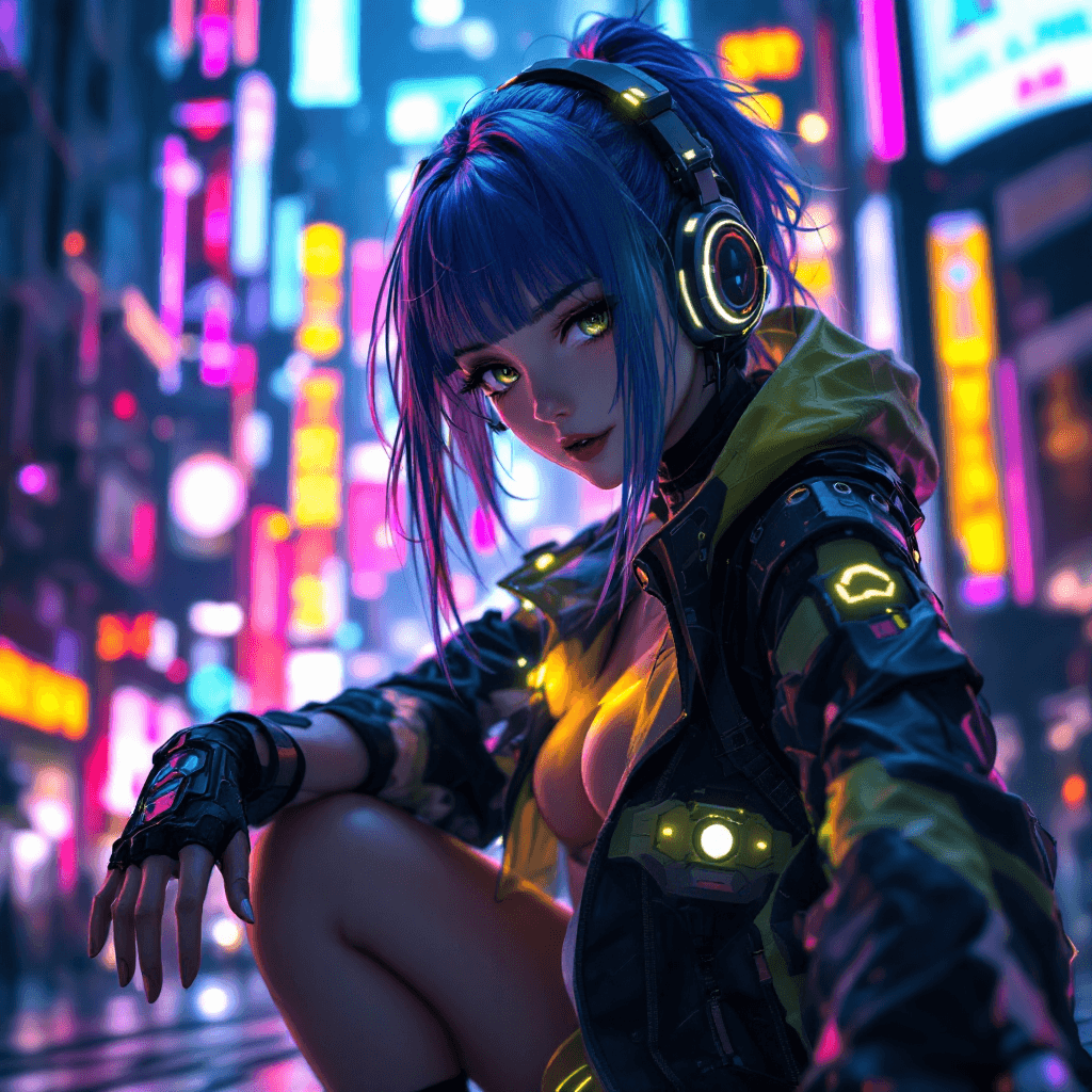 AI generated: A stylized anime character in a futuristic cyberpunk outfit with glowing neon accents, high contrast...