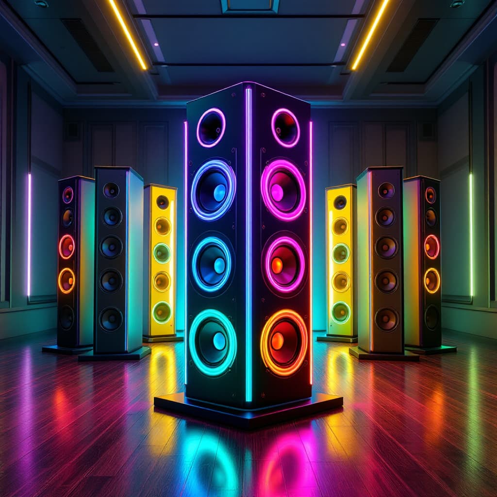 AI generated: a room with 8 tall music speaker towers with neon vivid woofer colors back to back standing in the c...