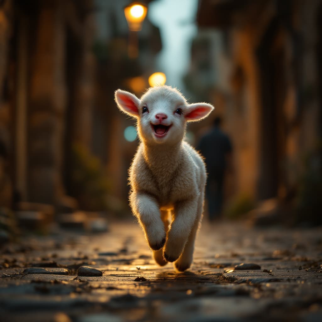 AI generated: a baby lamb running and laughing, streets of jerusalem, dark lights, cinematic, hyper realistic, det...