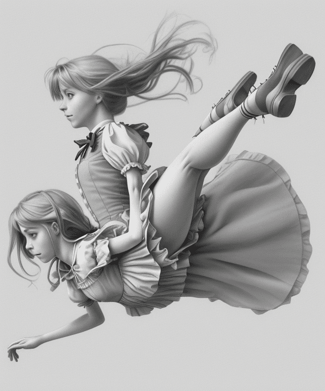 AI generated: realistic drawing 
alice from alice in wonderland free falling from the sky 
her body is horizontal
...