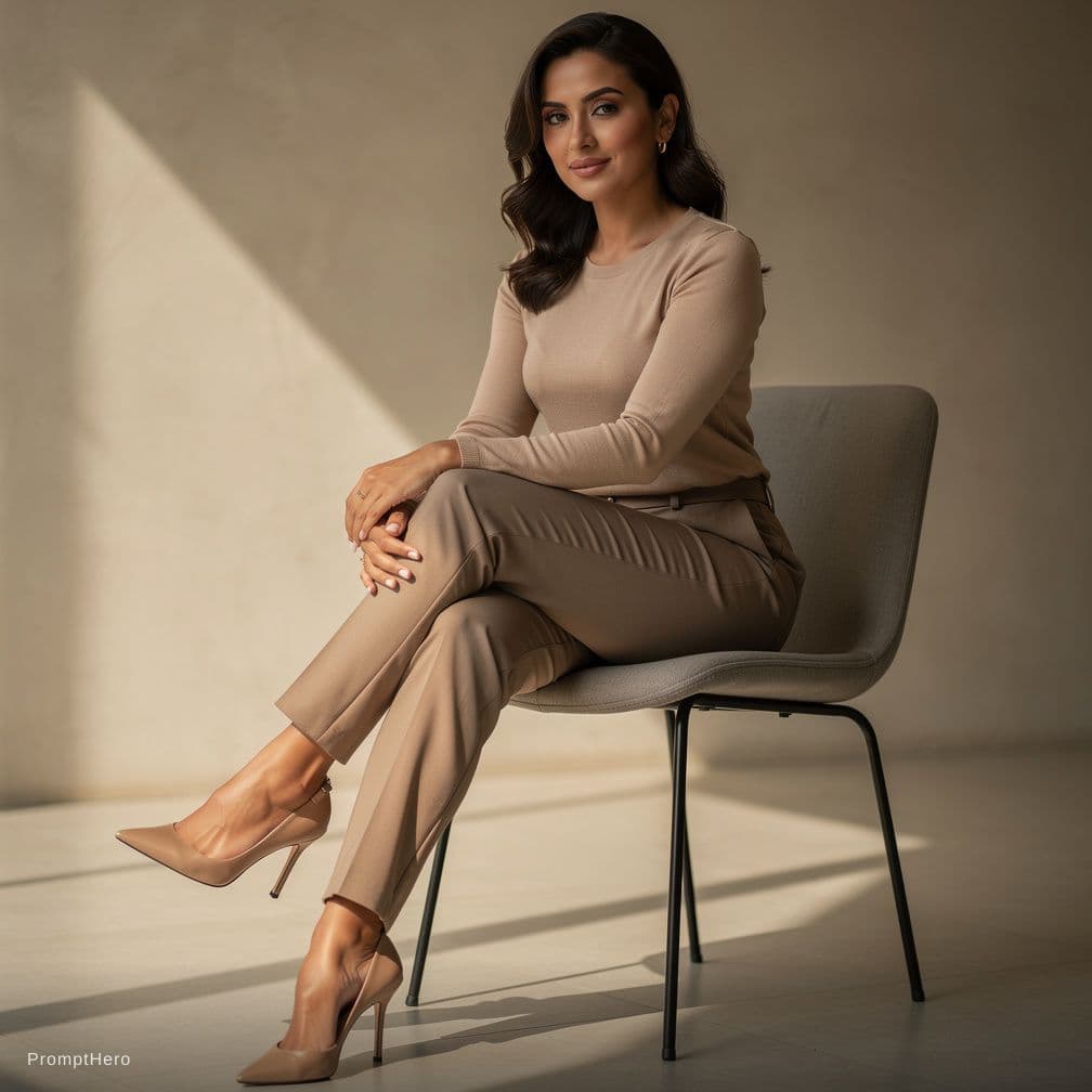 AI generated: Macromastia  busty Mexican woman, wearing lingerie and high heels, legs crossed 