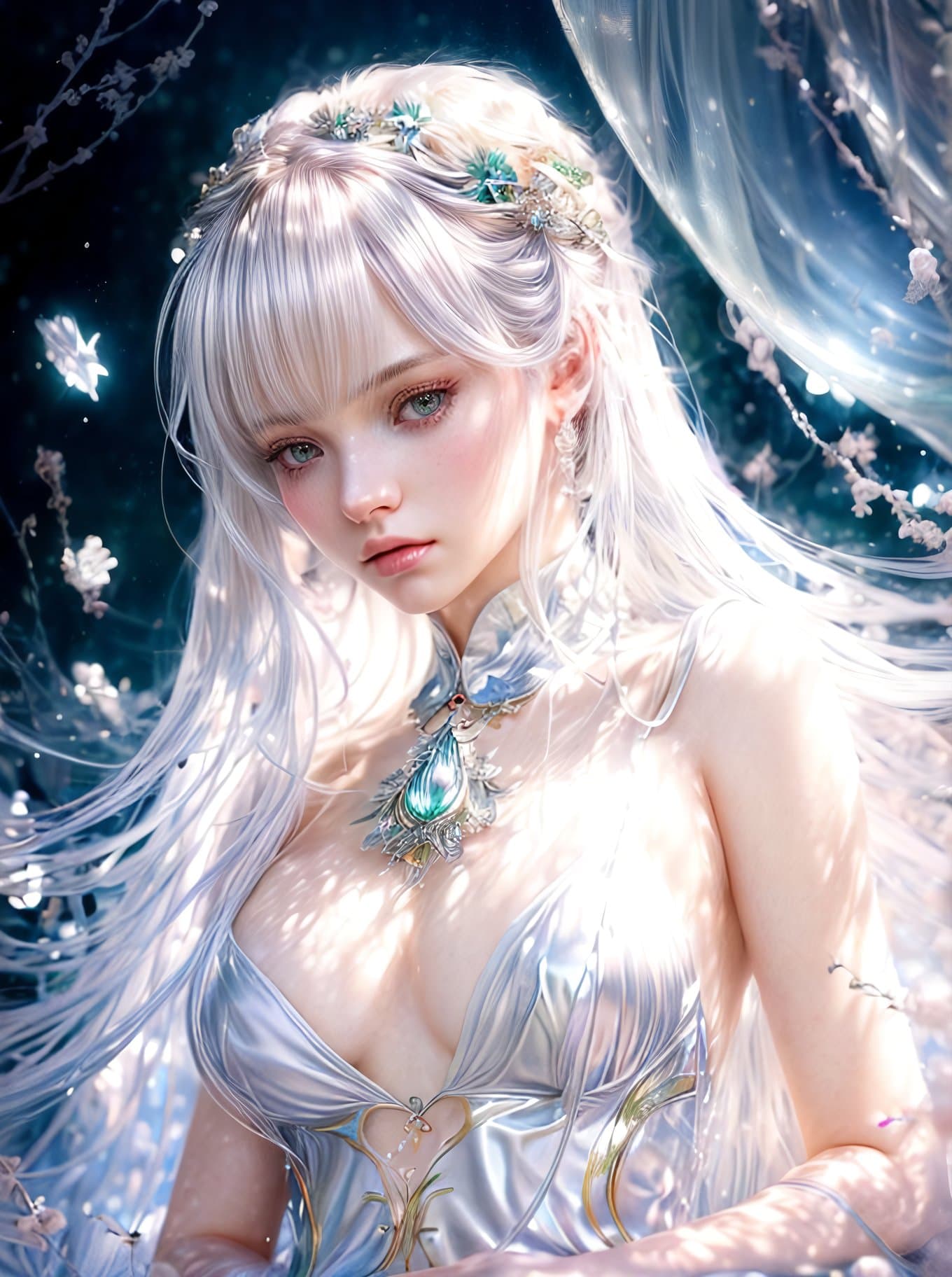AI generated: Modelshoot Style, Beautiful albino mermaid with silky hair and big reflective green eyes, shimmering...