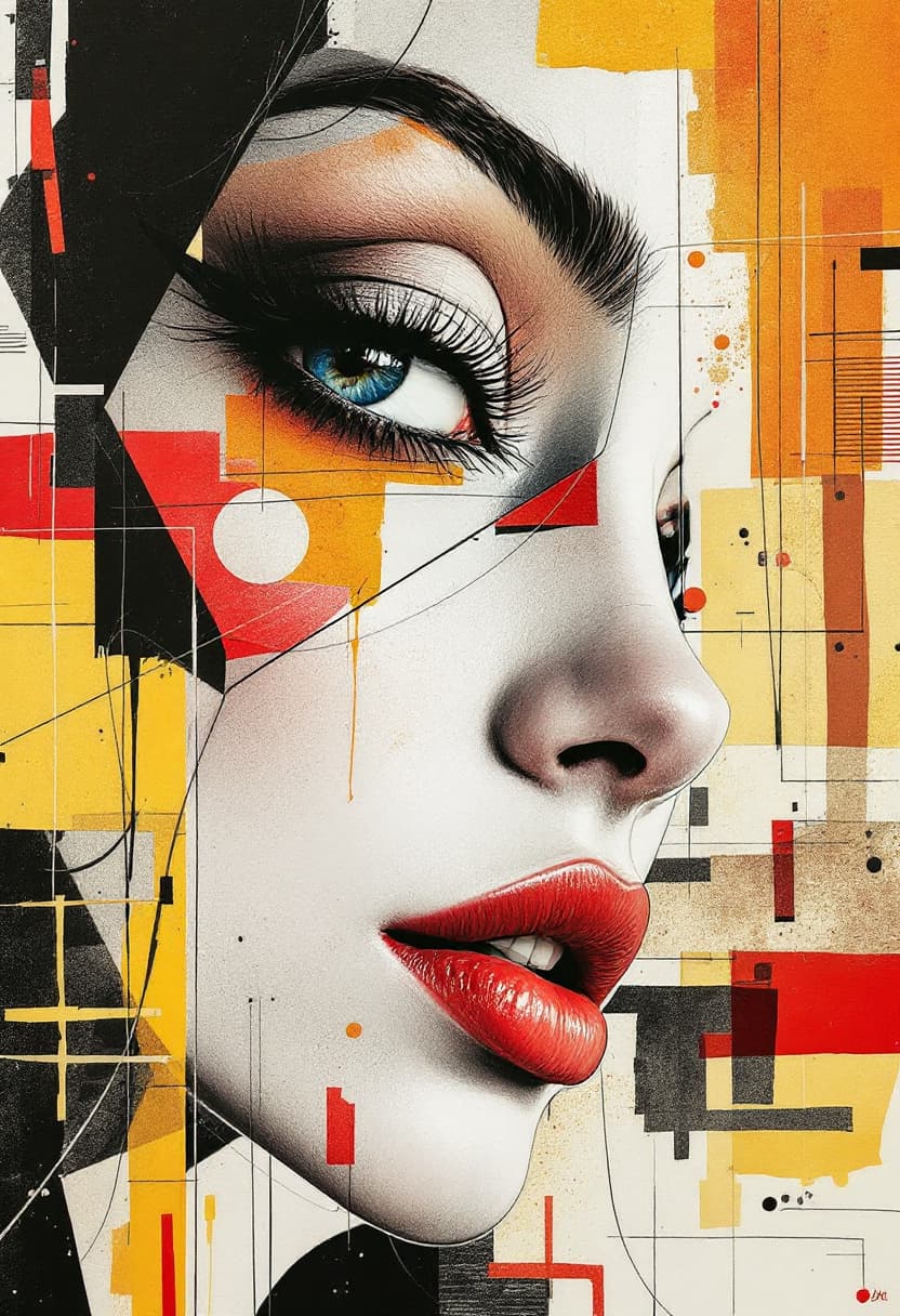 AI generated: Charming woman close up, her face, in abstract art. Fascinating design, in abstract, geometric shape...