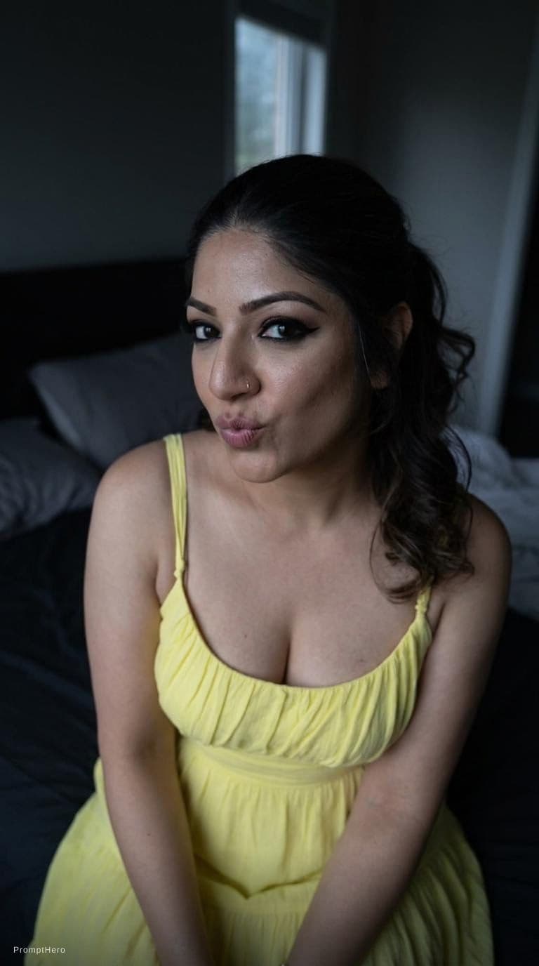 AI generated: looking at me. Sitting on a bed at night(no lights), wearing same (cleavage) dress, teasing, keep or...