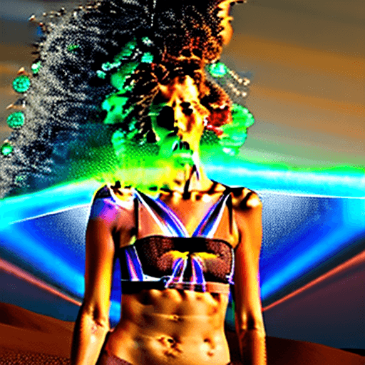 AI generated: An epic atompunk-style image set in a nighttime desert. A  young womman is in the dramatic act of ri...