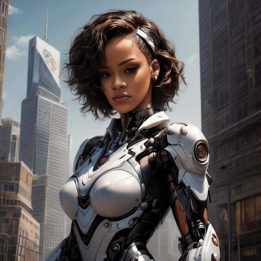 AI generated: (((Best Quality))), ((Masterpiece)), (Photorealistic), Hyper Real, (Rihanna:1.2) wearing a Mecha sui...