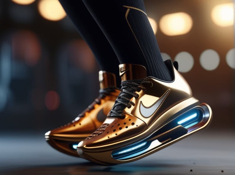 AI generated: a photorealistic limited edition sci-fi futuristic hovering jet powered shoe, NIKE, sparks, hovering...