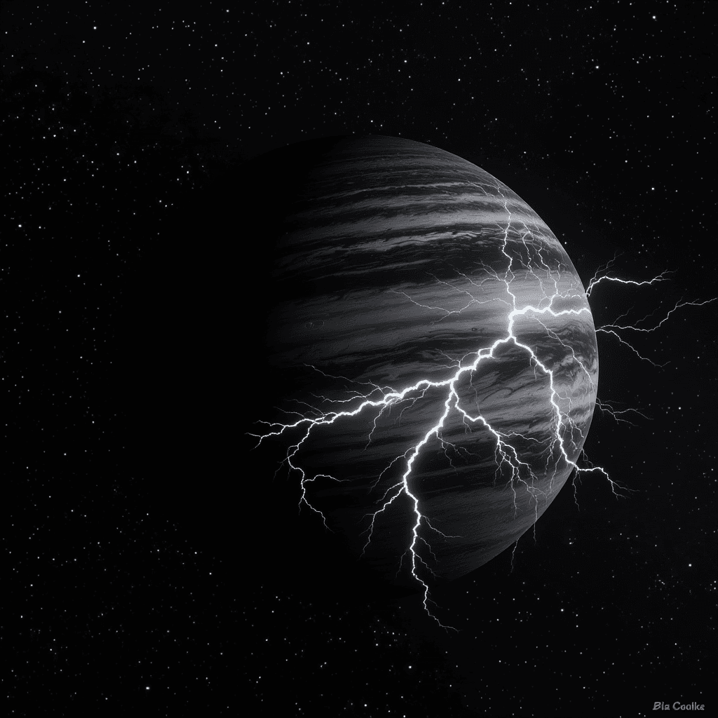 AI generated: a grey, White and black gas Dwarf that has white lightning storms covering its surface with that lik...