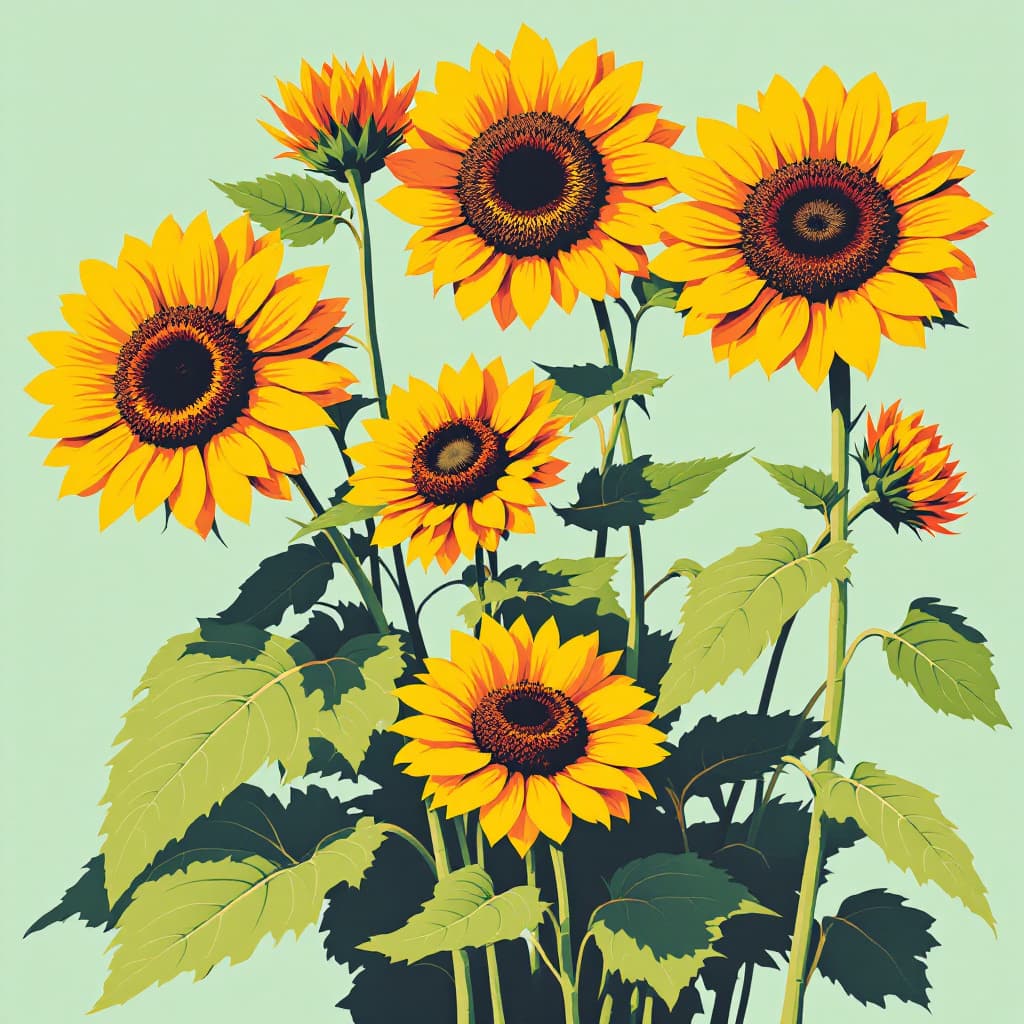 AI generated: Retro poster, vibrant, stylized pop art illustration featuring a bouquet of sunflower plants with ye...