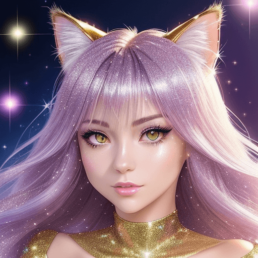 AI generated: Close-up of a cat:0.5, (futanari), glitter background, shiny glitter hair, professional profile phot...
